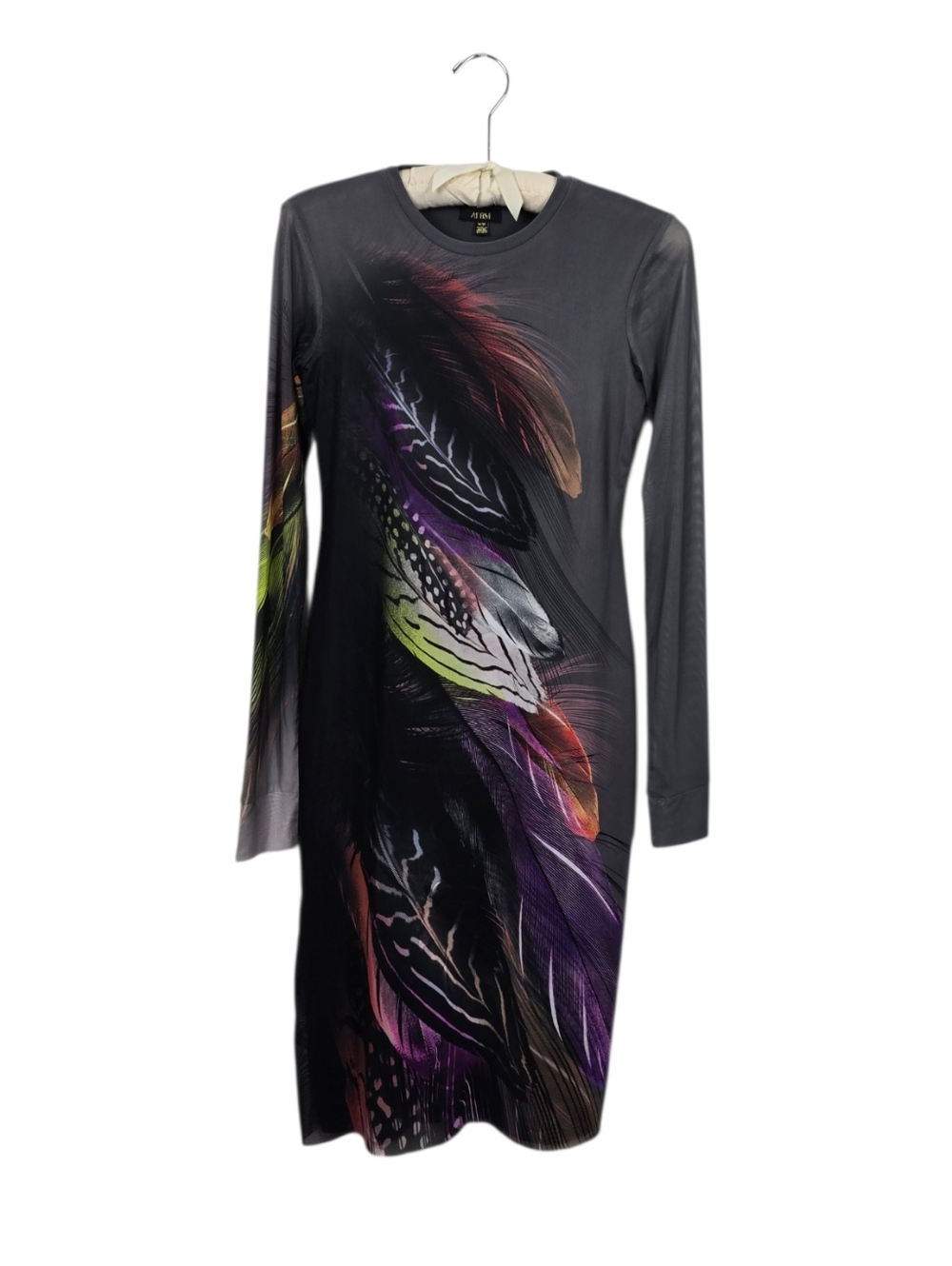 AFRM Feather Print Mesh Long Sleeve Bodycon Dress – Midi Length 41" Medium